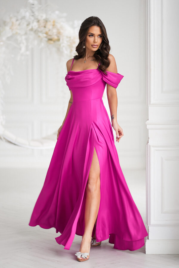 Elegáns ejtett vállú pink ruha
