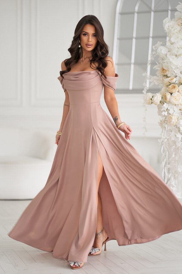 Elegáns ejtett vállú drapp ruha
