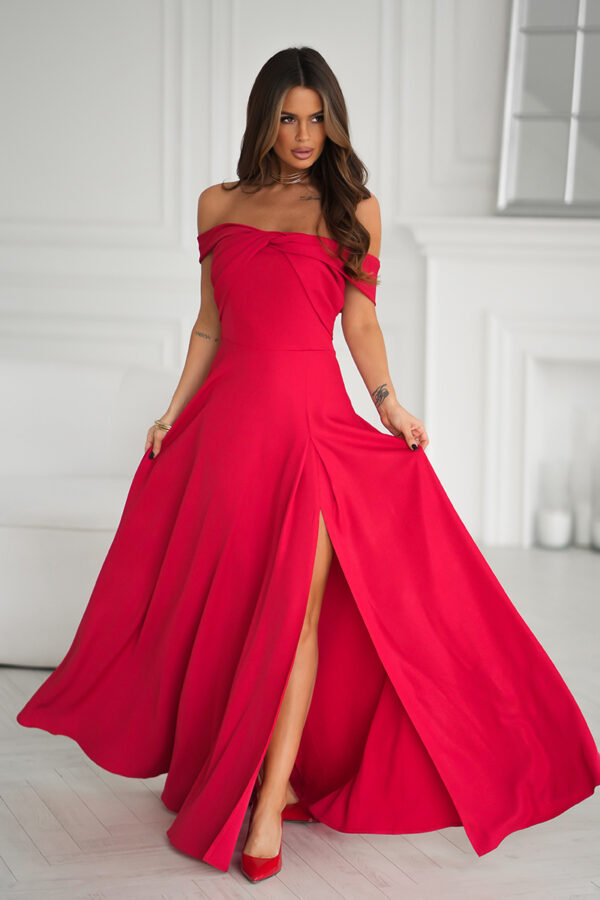 Csavart nyakú piros hosszú ruha