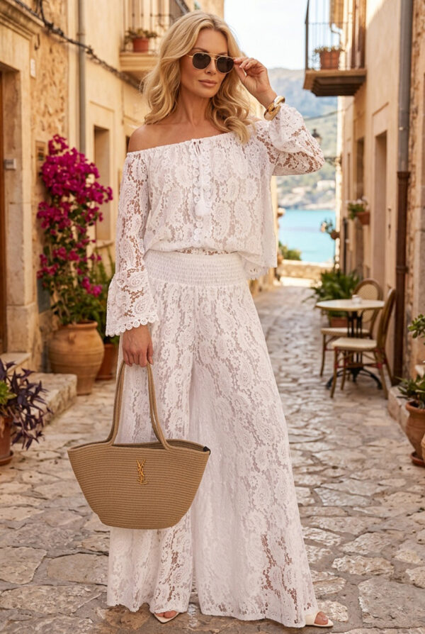 Fehér boho stílusú nadrág