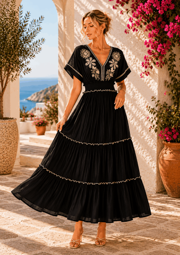Boho stílusú fekete virágos ruha