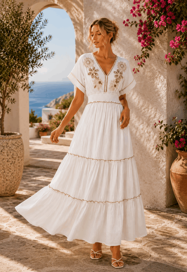 Boho stílusú fehér virágos ruha